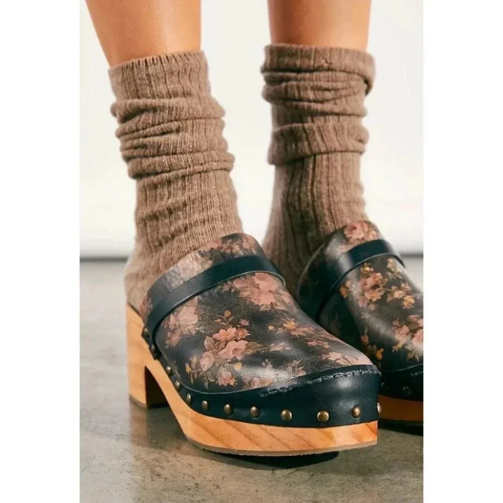 New Free People Calabasas Floral Wooden Clogs Black Womens 7 - Picture 2 of 15